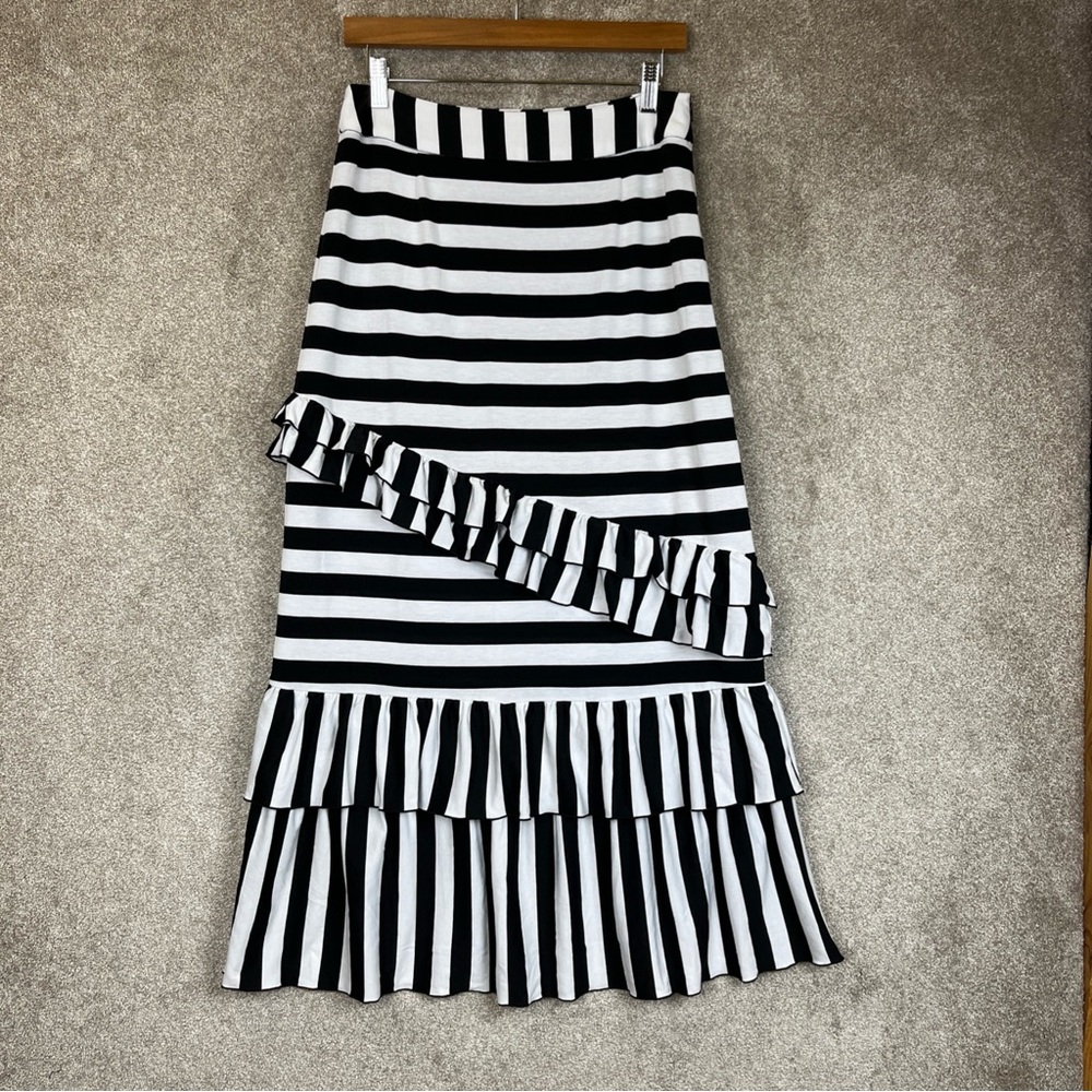 Sharon Tang Skirt Womens Medium Black White Stripe Ruffle Maxi Side Zip- 4219